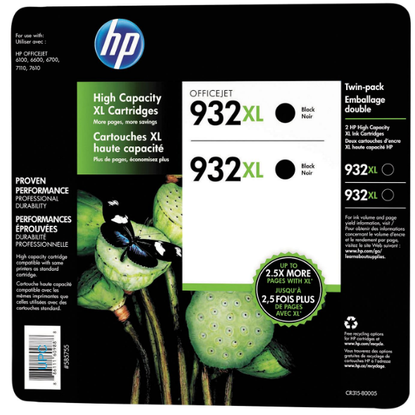 HP 932XL High Yield Original Ink Cartridge, Black (2 pk., 1,000 Page Yield)