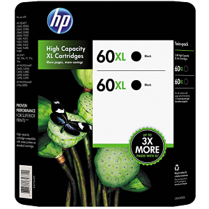 HP 60XL, 2-pack High Yield Black Original Ink Cartridges