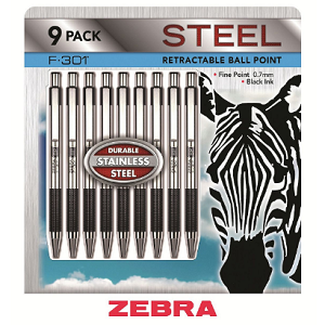 Zebra - F-301 Ballpoint Retractable Pen, Black Ink, Fine - 9 Pens