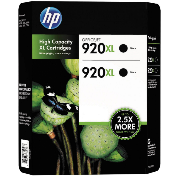 HP 920XL High Yield Original Ink Cartridge, Black (2 pk., 1,200 Page Yield)