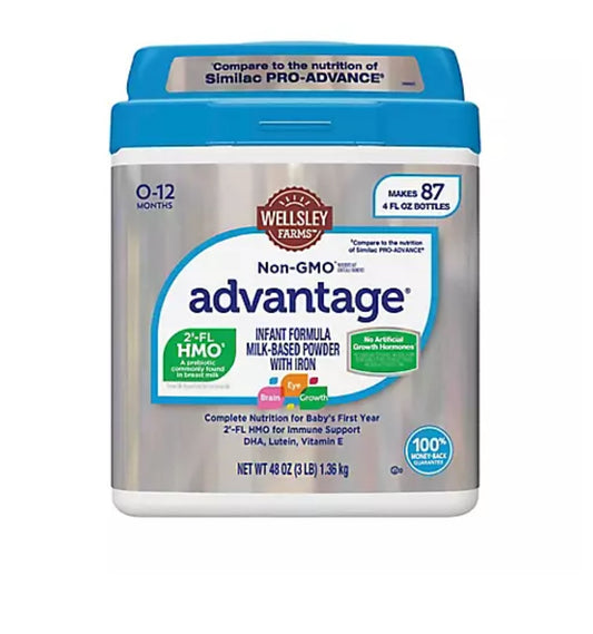 Wellsley Farms Non-GMO Advantage Infant Formula Milk- Based Powder with Iron, 3 lbs.