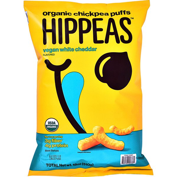 HIPPEAS Organic Chickpea Puffs + Vegan White Cheddar , 18 OZ.
