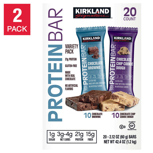 Kirkland Signature Protein Bars Cookie Dough and Chocolate Brownie 20 pack, 2-count
