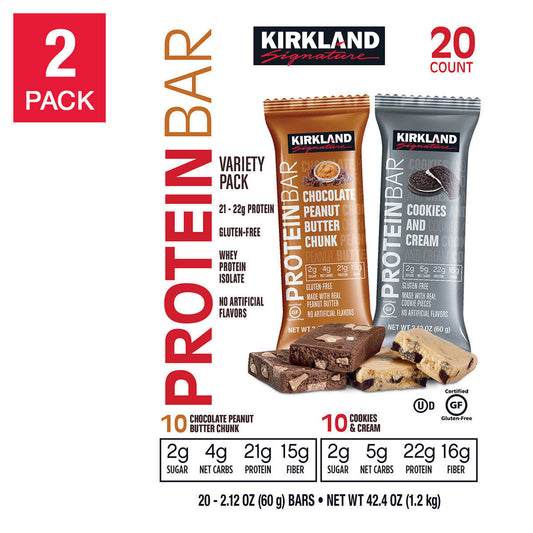 Kirkland Signature Protein Bars Chocolate Peanut Butter Chunk & Cookies and Cream Variety Pack 20 pack, 2-count